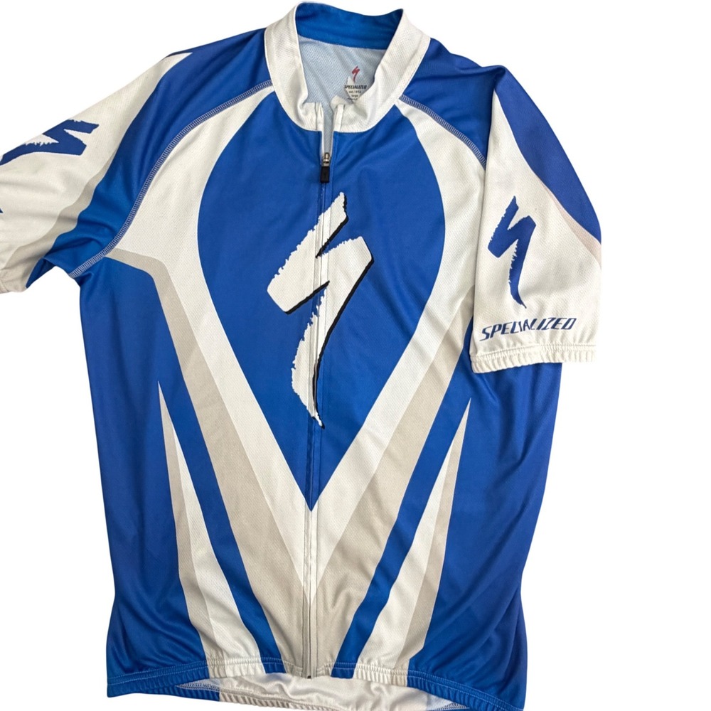 Specialized Mens Cycling Jersey Large Blue White Full Zip Short Sleeve Graphic